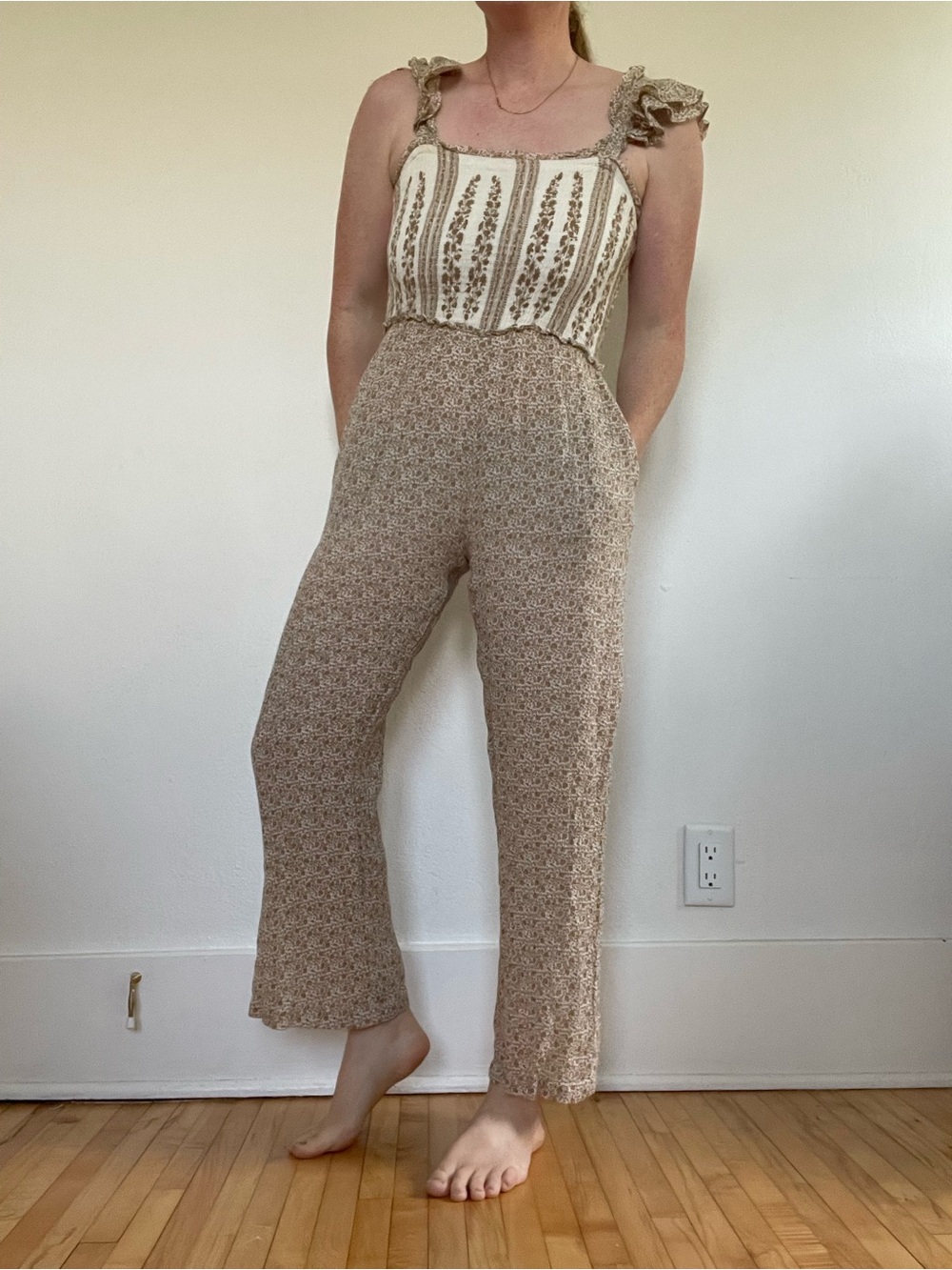 Smocked Cream & Beige Floral Jumpsuit with Ruffle Straps